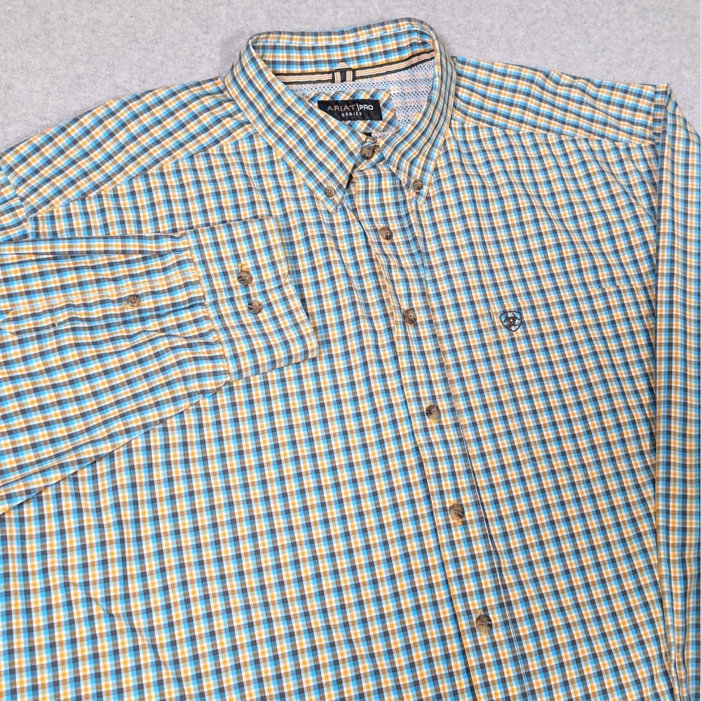 Ariat Pro Series Button Down Shirt Mens 2XL XXL Blue/Yellow Plaid Long Sleeve